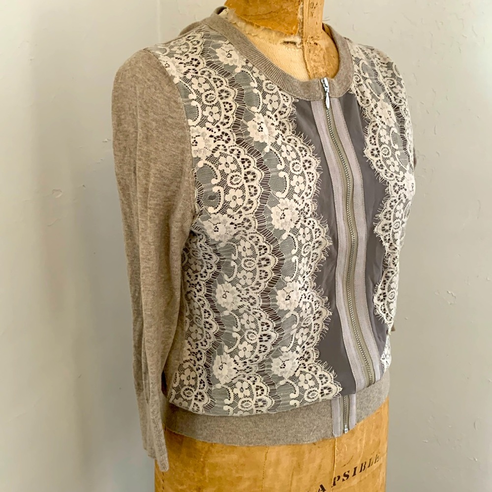 Banana Republic Lace Trimmed Zip Front Cardigan with Ecru Lace Trim